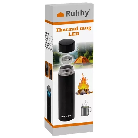 Prémium, intelligens, fémfalú termosz LED hőmérséklet-kijelzővel, 0,5 liter kapacitással, fekete