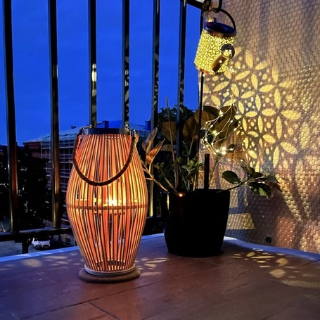 Bambusz rattan lámpa teraszra, gyertyatartó