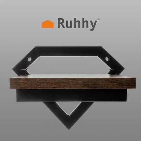 Loft stílusú falra akasztható fém kis polc, virágtartó, fa lappal, fekete-barna