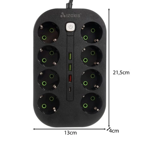 Hálózati elosztó 8 db aljzattal, 3 db USB és 1 db USB-C porttal,  2m hosszabbító