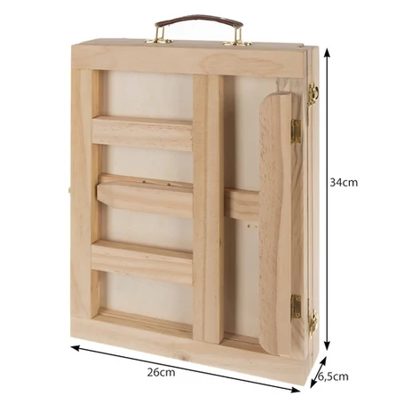 45 részes művészi rajz és festőkészlet praktikus bőröndben, felnyitható fa festőállvánnyal