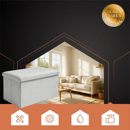 Összehajtható tárolós ülőke, puff, szürke bársonyborítással, 60x30x30 cm